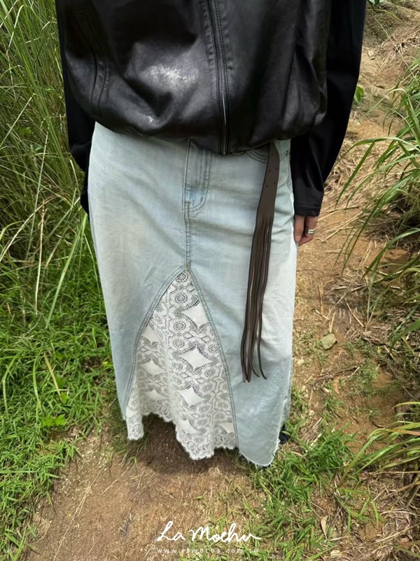 花朵蕾絲拼接牛仔長裙(闆娘清單)